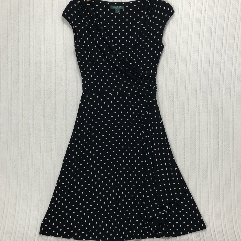 Lauren Ralph Lauren Polka Dot Faux Wrap Dress Black White Cap Sleeve Size 6